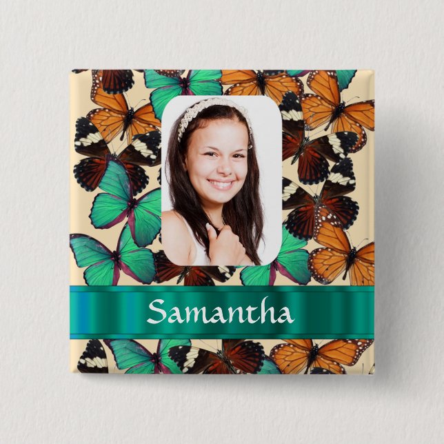 Green butterfly pattern photo template 15 cm square badge (Front)