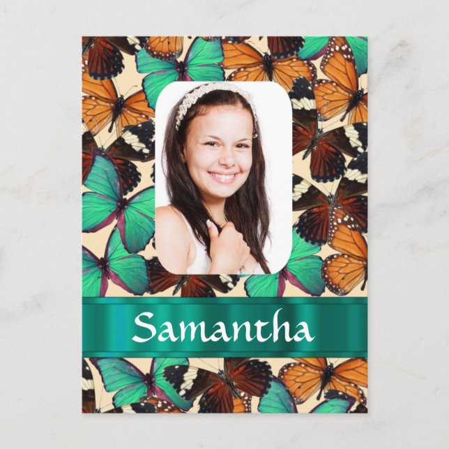Green butterfly pattern photo template postcard (Front)
