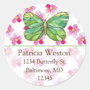 Green Butterfly Pink Flower Return Address Classic Round Sticker