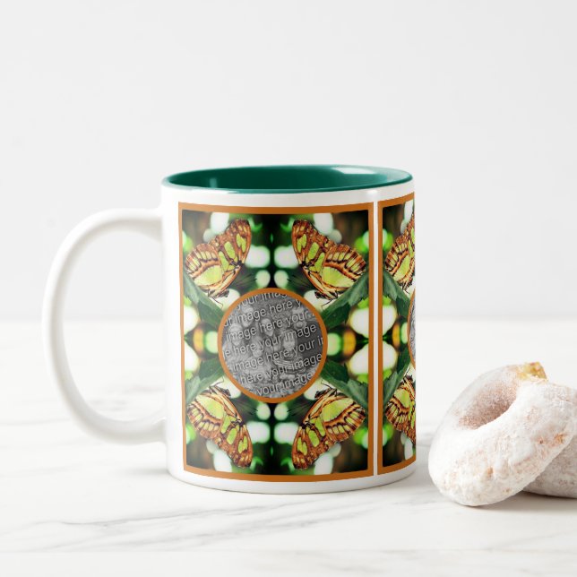 Green Butterfly Posing Frame Create Your Own Photo Two-Tone Coffee Mug (With Donut)