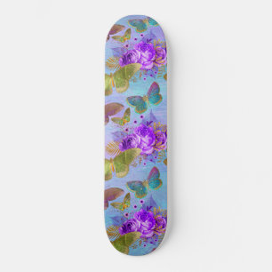 Green Butterfly Purple Rose Garden Pattern Skateboard