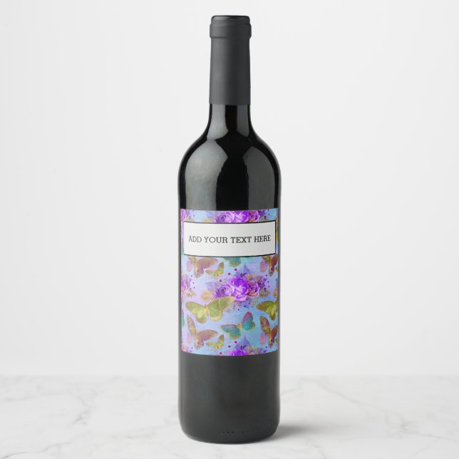 Green Butterfly Purple Rose Garden Pattern Wine Label (Front)