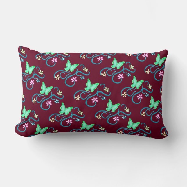 Green Butterfly with Spring Flowers Lumbar Pillow (Front)
