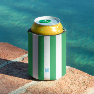 Green Cabana Stripe & Personalised Blue Monogram Can Cooler