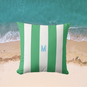 Green Cabana Stripe & Personalised Blue Monogram Cushion