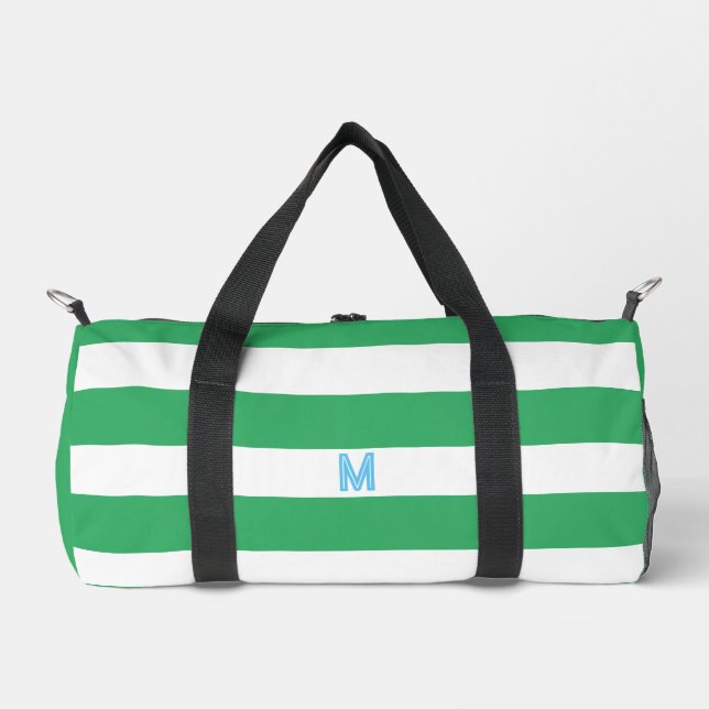 Green Cabana Stripe & Personalised Blue Monogram Duffle Bag (Front)