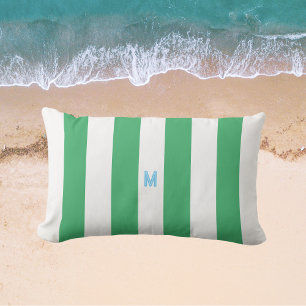Green Cabana Stripe & Personalised Blue Monogram Lumbar Cushion