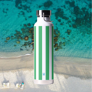 Green Cabana Stripe & Personalised Blue Monogram Water Bottle
