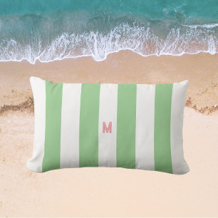 Green Cabana Stripe & Personalised Pink Monogram Lumbar Cushion
