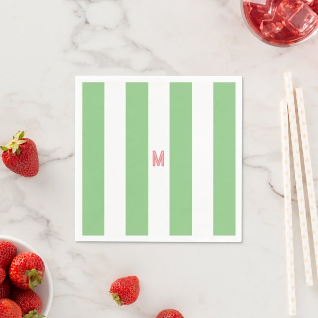 Green Cabana Stripe & Personalised Pink Monogram Napkin (Insitu)