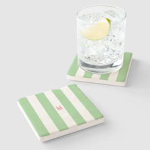 Green Cabana Stripe & Personalised Pink Monogram Stone Coaster