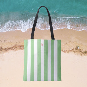 Green Cabana Stripe & Personalised Pink Monogram Tote Bag