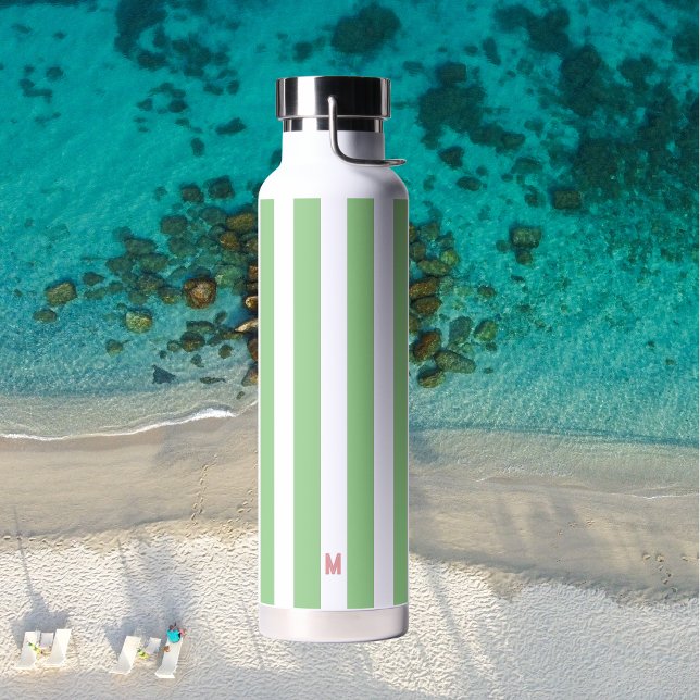 Green Cabana Stripe & Personalized Pink Monogram Water Bottle (Creator Uploaded)