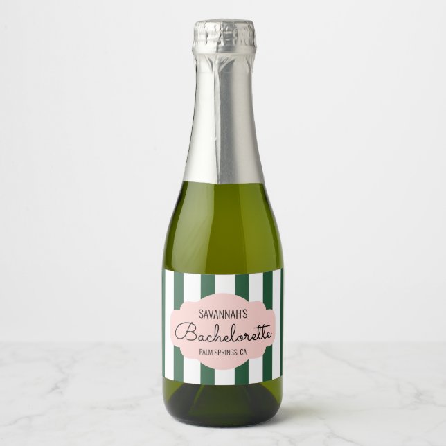 Green Cabana Stripes Bachelorette Party Favour Sparkling Wine Label (Front)