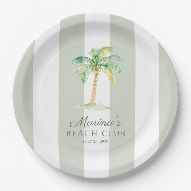 Green Cabana Stripes Palm Beach Club Birthday Paper Plate (Front)