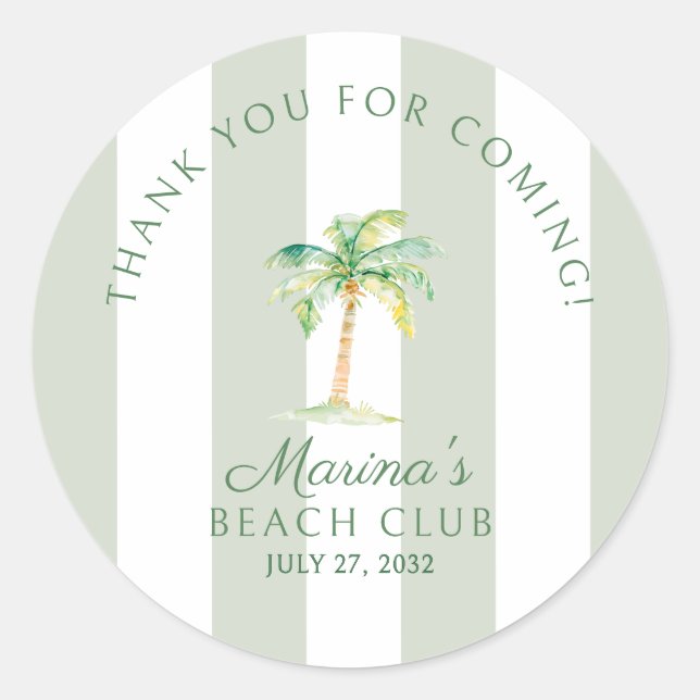 Green Cabana Stripes Palm Beach Club Thank You Classic Round Sticker (Front)