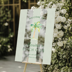 Green Cabana Stripes Palm Beach Club Welcome Acrylic Sign