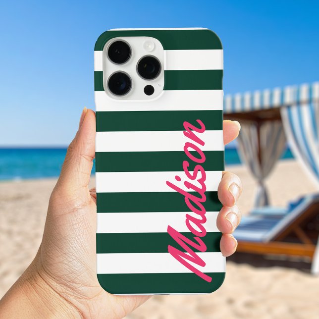 Green Cabana Stripes Retro Monogram iPhone Case (Creator Uploaded)