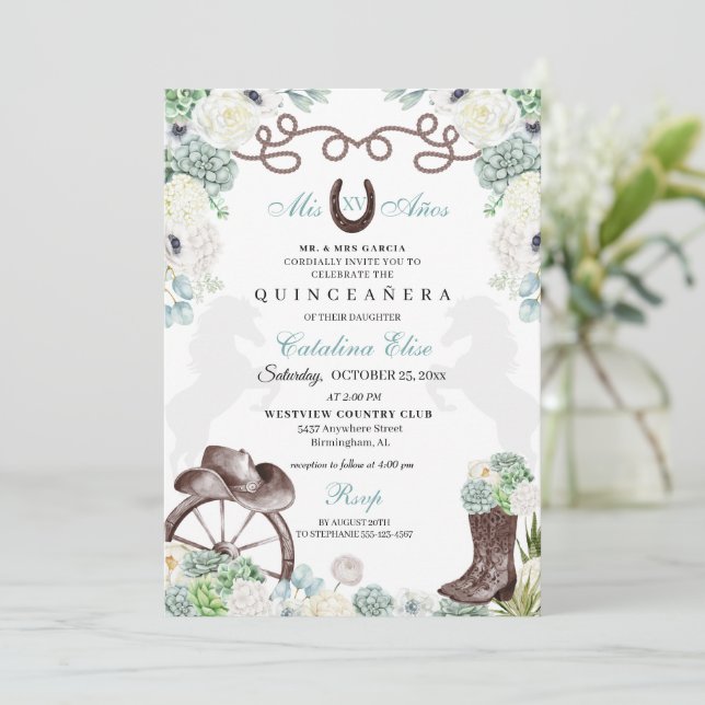 Green Cacti Western Horseshoe Charra Quinceanera Invitation (Standing Front)