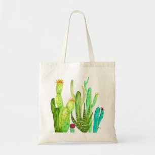 Green cactus cacti succulent plant watercolor tote bag