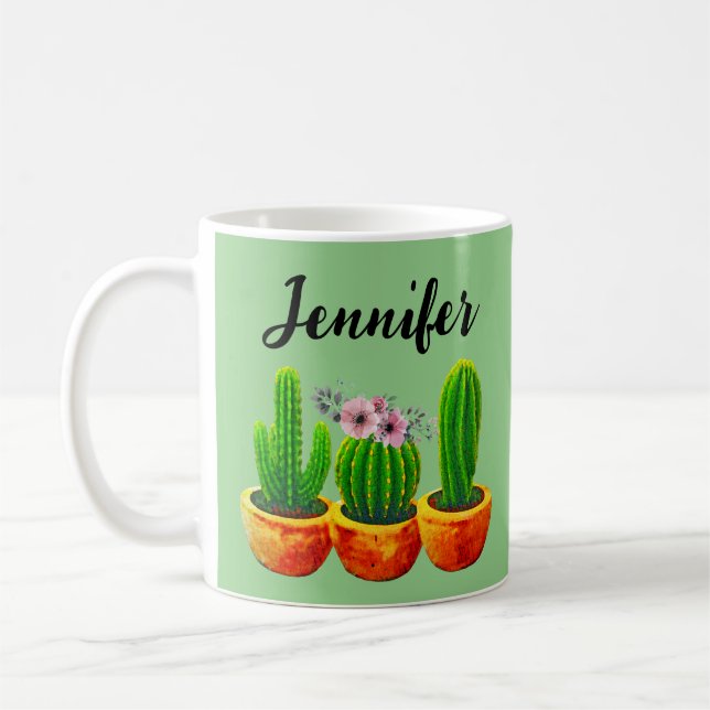 Green Cactus Floral Custom Mug (Left)