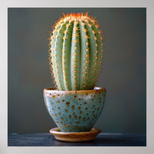 Green Cactus in a Teal Ceramic Pot Photography Poster