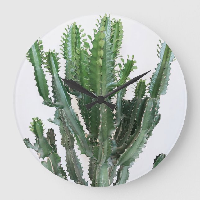Green Cactus: Minimalist White Background Large Clock (Front)