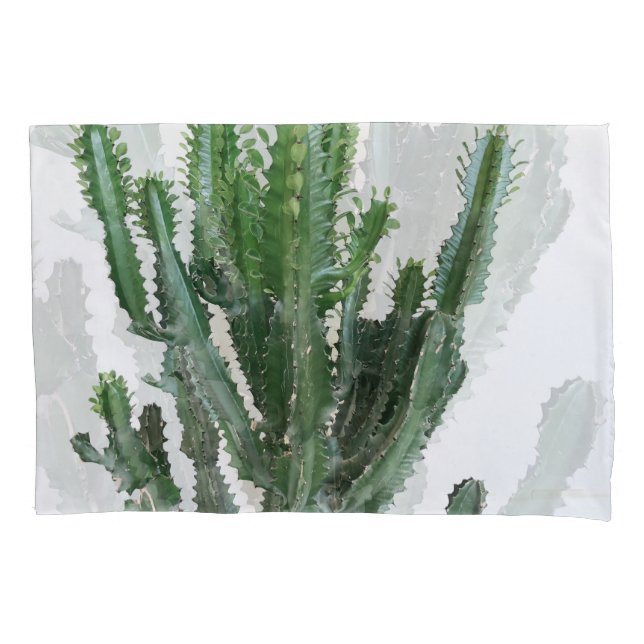 Green Cactus: Minimalist White Background Pillowcase (Front)