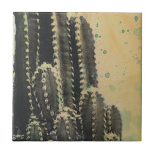 Green Cactus on Yellow Background Tile