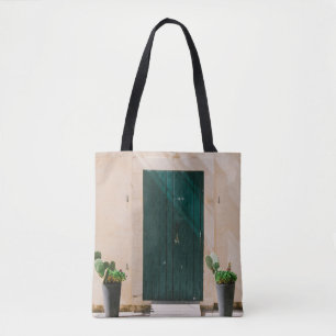 GREEN CACTUS PLANT NEAR GREEN DOOR TOTE BAG