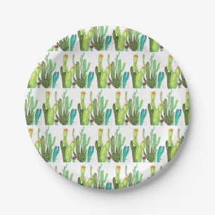 Green cactus succulent pattern watercolor Cacti Paper Plate