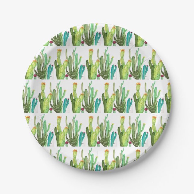 Green cactus succulent pattern watercolor Cacti Paper Plate (Front)