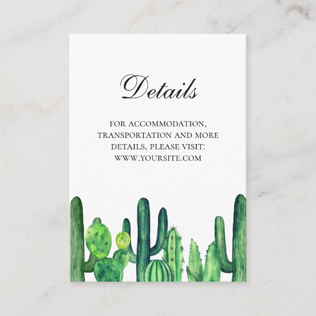 Green cactus wedding details. Summer cacti info Enclosure Card (Front)