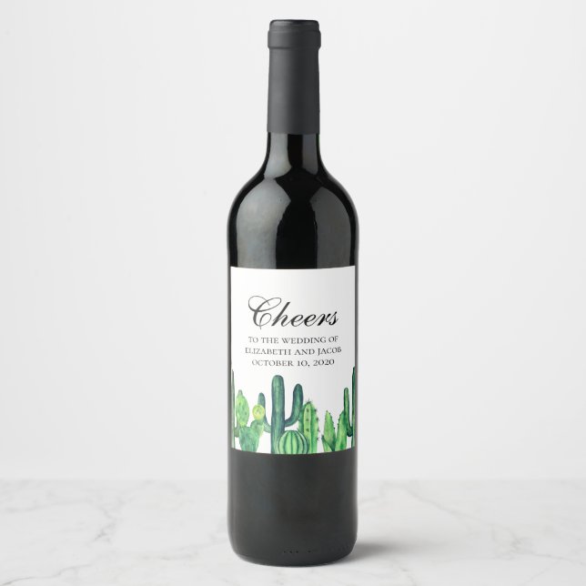 Green cactus wine. Summer cacti cheers wedding Wine Label (Front)