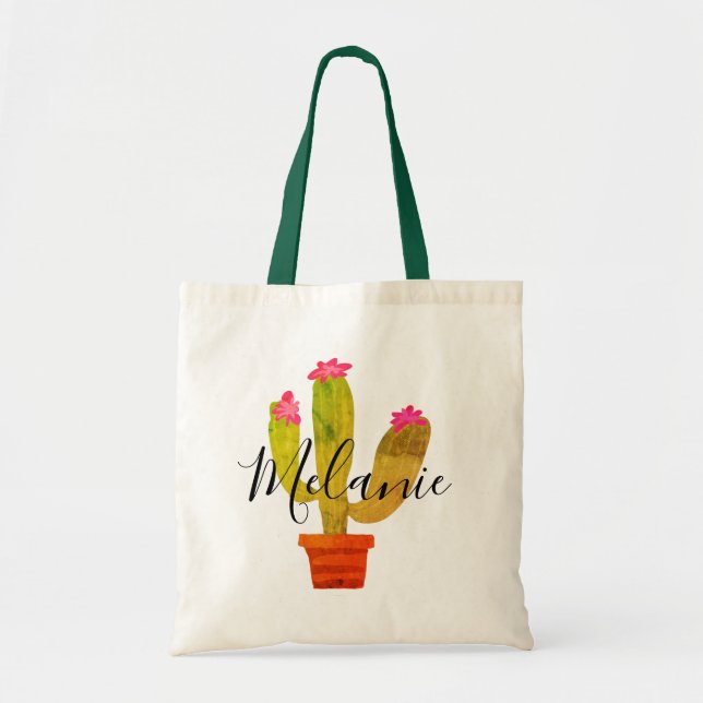 Green cactus with pink flowers custom name tote bag (Front)