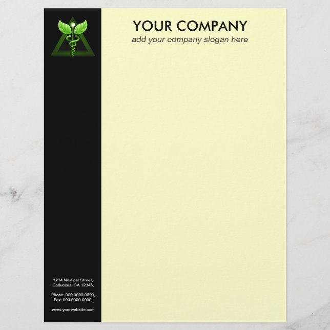 Green Caduceus Alternative Medicine Black Cream Customised Letterhead (Front)