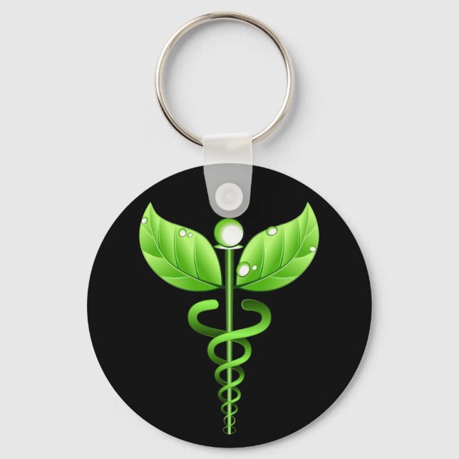 Green Caduceus Medical Alternative Medicine Black Key Ring (Front)