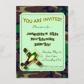 Green Camo Aeroplane Party Invitation