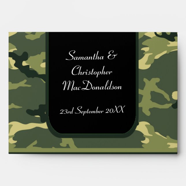 Green camo army military wedding envelopes (Front)