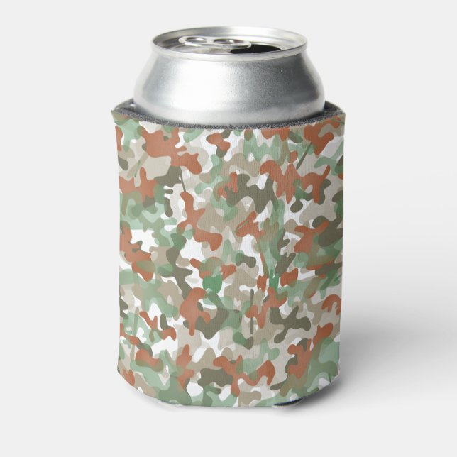 Green camo camouflage design in earth tones can cooler (Can Back)