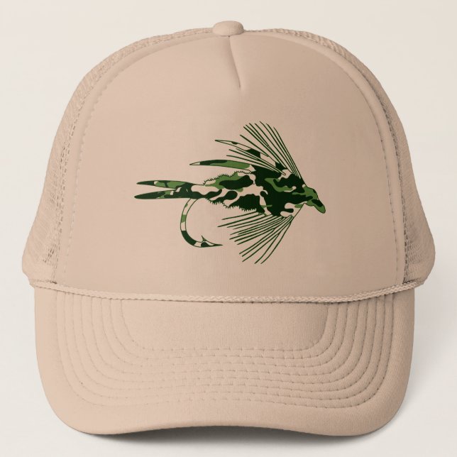 GREEN CAMO FLY FISHING LURE TRUCKER HAT (Front)