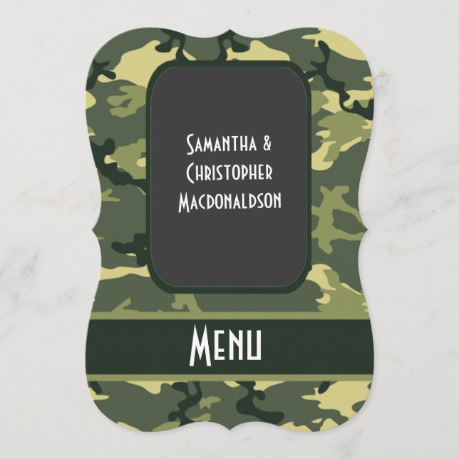 Green camo hunting pattern wedding menu (Front)