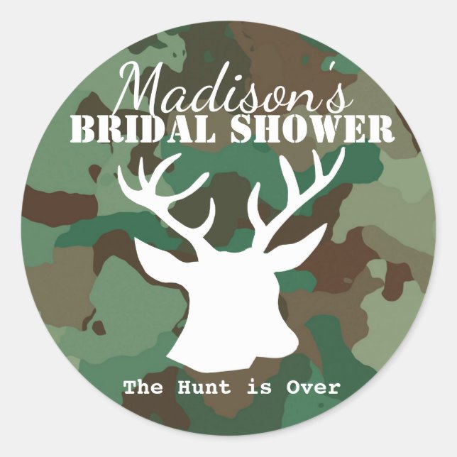 Green Camo The Hunt is Over Bridal Shower Classic Round Sticker (Front)