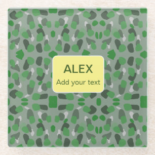 Green camouflage camo add name text school college glass coaster