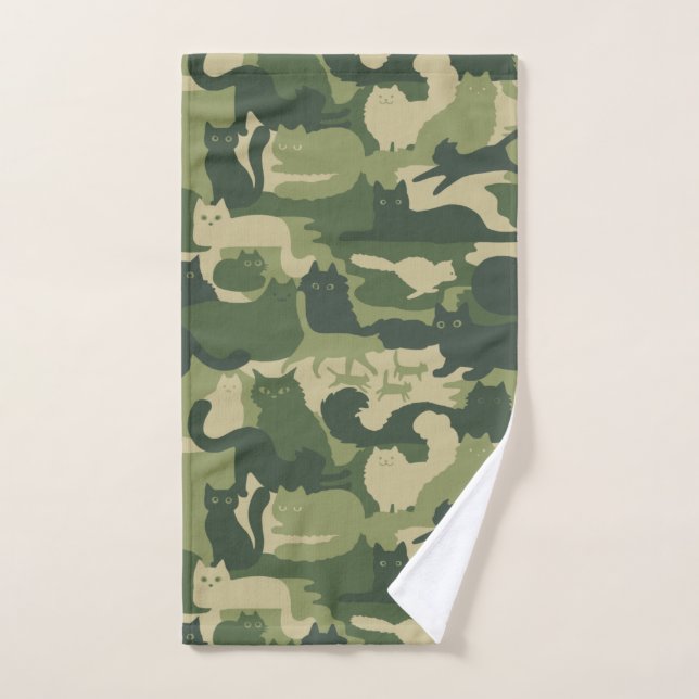 Green Camouflage Cats Pattern Cool Kitty Cats Camo Hand Towel (Hand Towel)