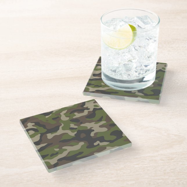 Green Camouflage Pattern Glass Coaster (Angled)