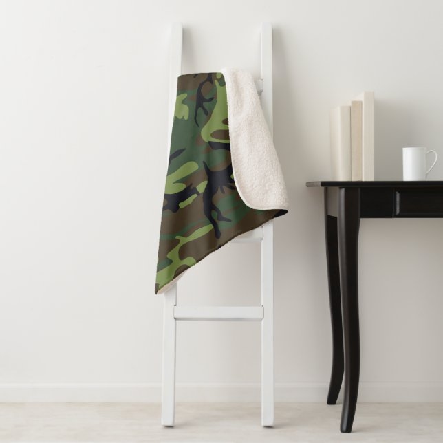 Green Camouflage Pattern, Military Pattern, Army Sherpa Blanket (In Situ)