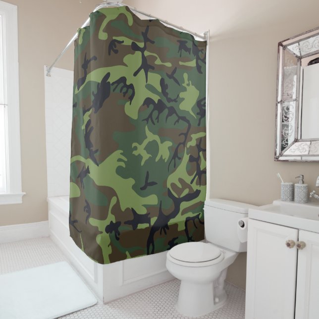 Green Camouflage Pattern, Military Pattern, Army Shower Curtain (In Situ)