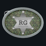 Green Camouflage Pattern Sheriff Badge Monogram Belt Buckles<br><div class="desc">This customisable camo pattern design has a metal sheriff badge with space for you to add your monogram / initials or other text. The camouflage is in shades of green and brown. It's a great design for a person in the military, a veteran, a woman or man in law enforcement,...</div>