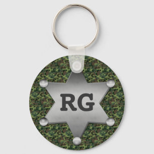 Green Camouflage Pattern Sheriff Badge Monogram Key Ring